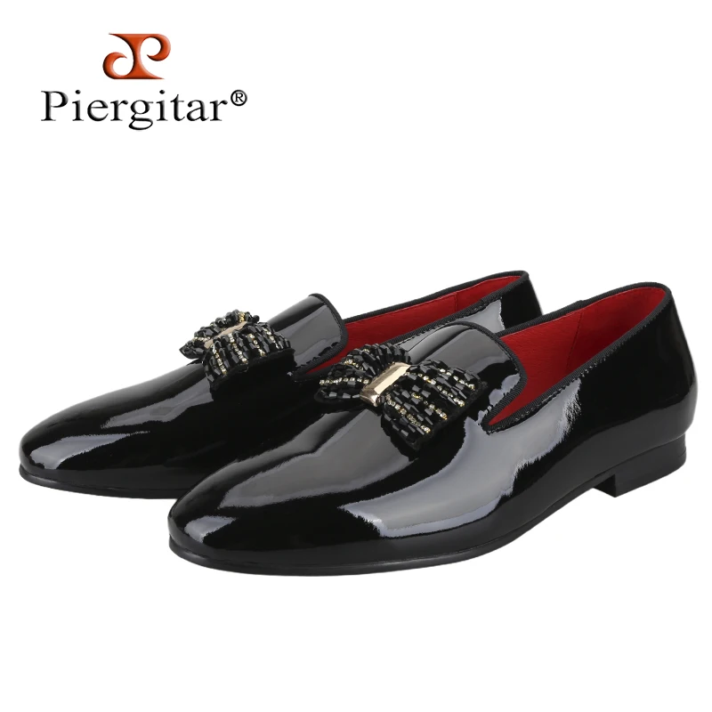 Piergitar Black And White Patent Leather Handmade Slip-On Loafers With Rhinestones Bowtie Fashion Party/Prom Men's Dress Shoes