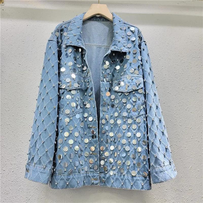 

Women's Spring Autumn Top Coat Denim Sequins Diamonds Diamond Pattern Retro Simple New Casual Design Fashion Niche Versatile