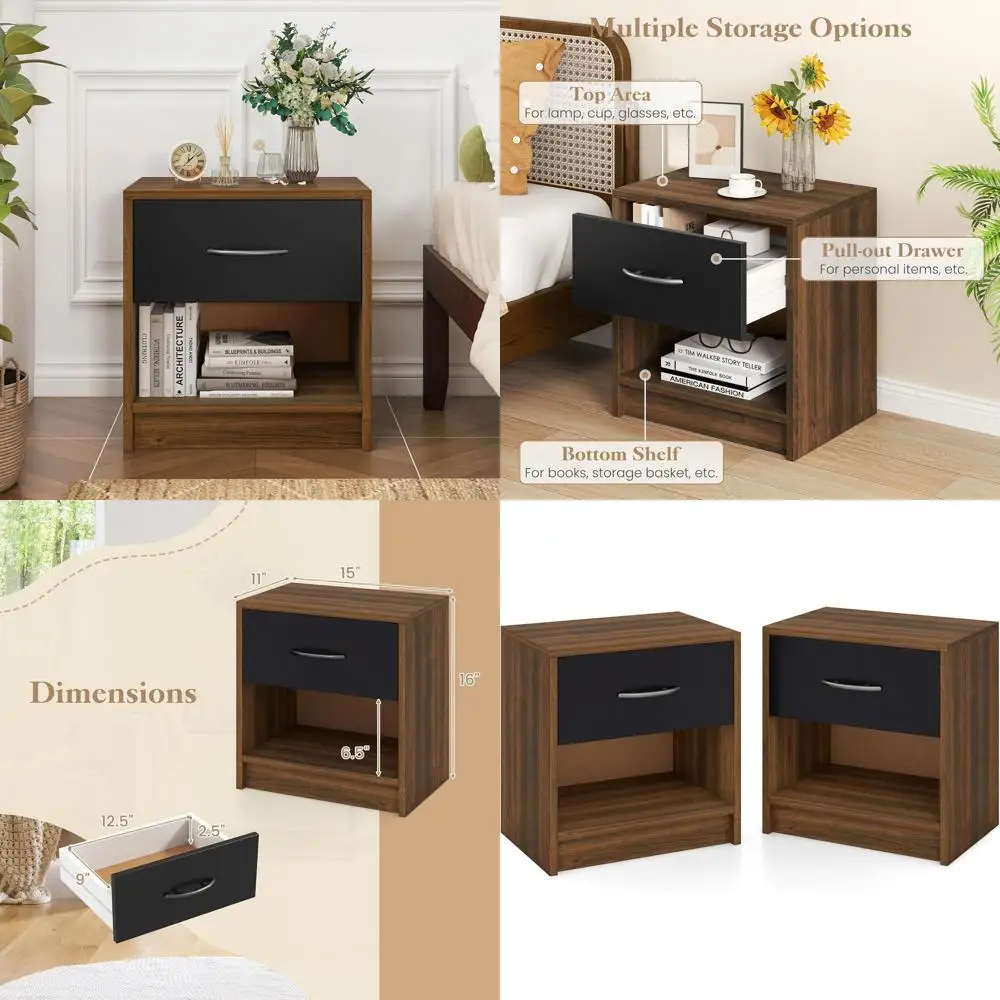 

Rustic 2-Piece Wood Nightstand Set with Drawers and Open Shelf for Bedroom and Home Office, Compact Side Tables for Small Spaces