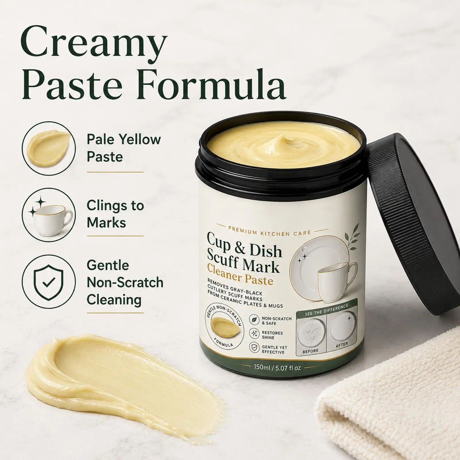 Ceramic Tableware Cleaning Cream 150ml Metal Mark Removal Deep Cup Dish Scuff Mark Cleaner Paste for Pottery Plates Bowls
