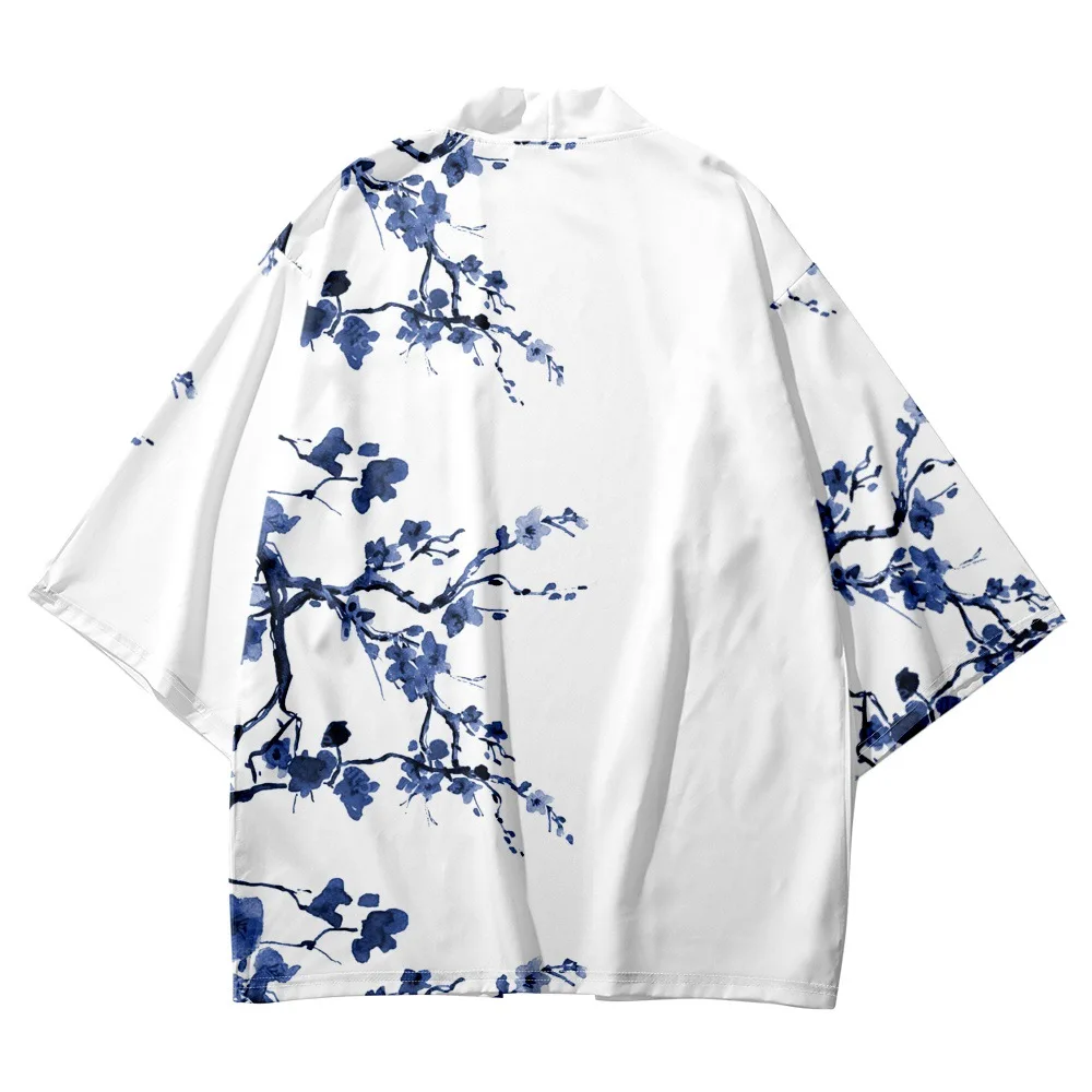 2023 Summer Beach Women Kimono Blue Flower Printed 3/4 Sleeve Shirt Haori Fashion Casual Kimono Yukata Men Traditional Top