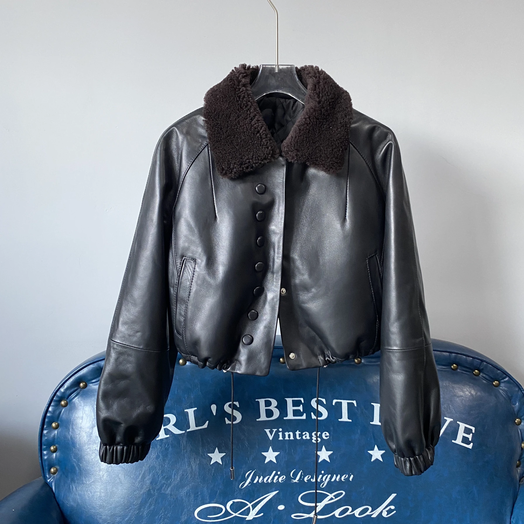 Sli ort couro genuíno jaet feminino calor gola de lã casaco motociclista versão coreana eepskin topo thiened longo sve