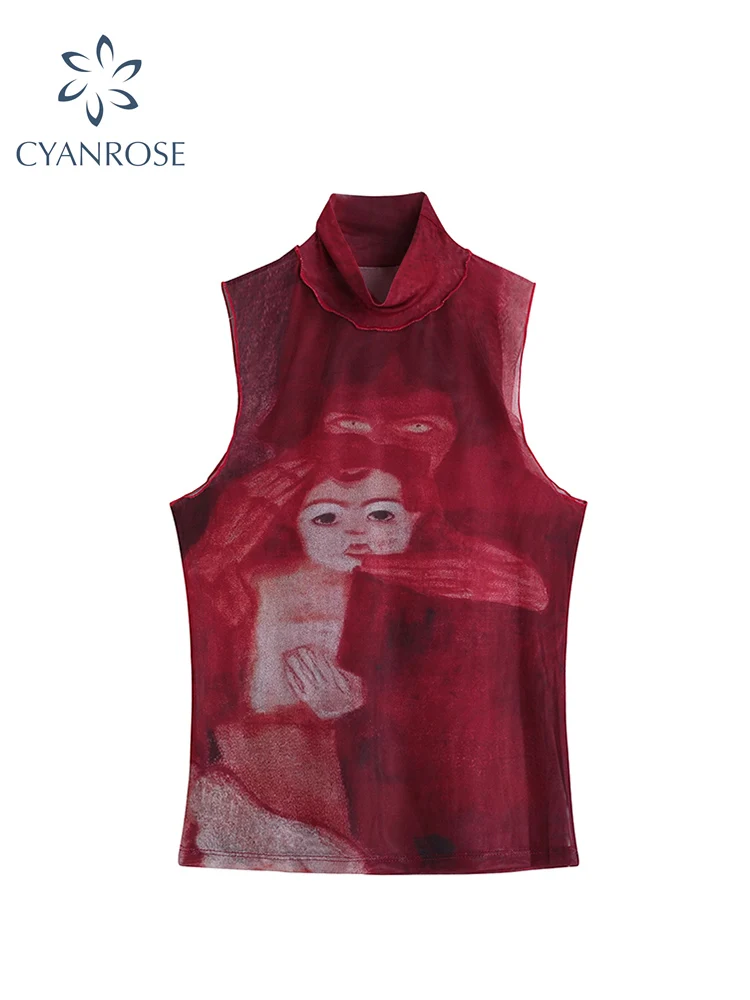 Tie Dye Mesh High Neck Hand Painted Printed Women Top 2022 Summer Fashion Sleeveless Slim T Shirt Lady Holiday Beach Style Tops