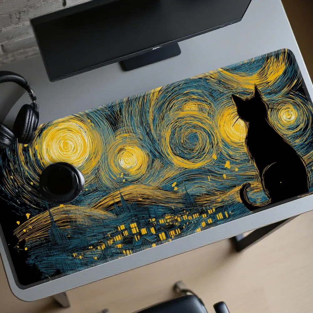 

Black Cat Gazing at Van Gogh Starry Sky Desk Pad Large Gaming Mouse Pad Aesthetic Computer Mat