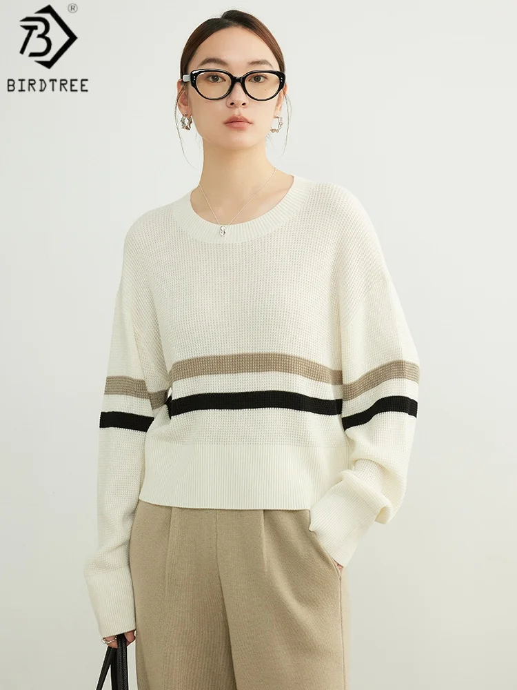 

Birdtree 32.4% Sheep Wool 30.1% Acrylic Sweater,Woman Wool Blend Full Sleeve O-neck Stripe Loose Knitwear Tops Autumn T58933JF