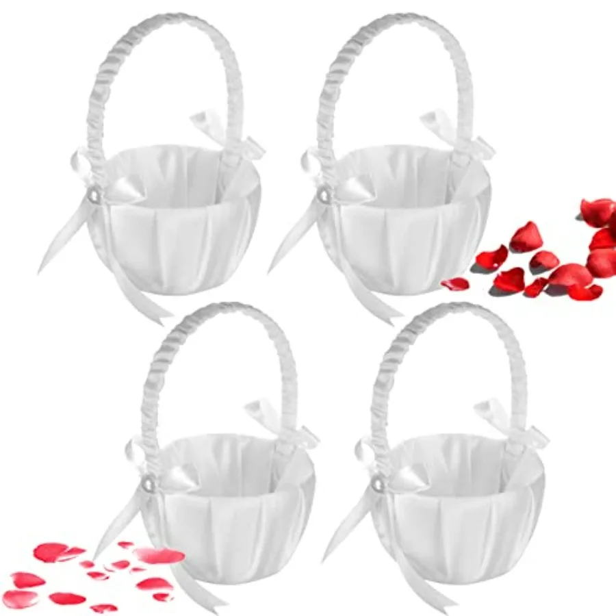 

4PCS Girl Basket for Wedding, White Satin Bowknot Baskets Collection, Wedding Baskets for Girls