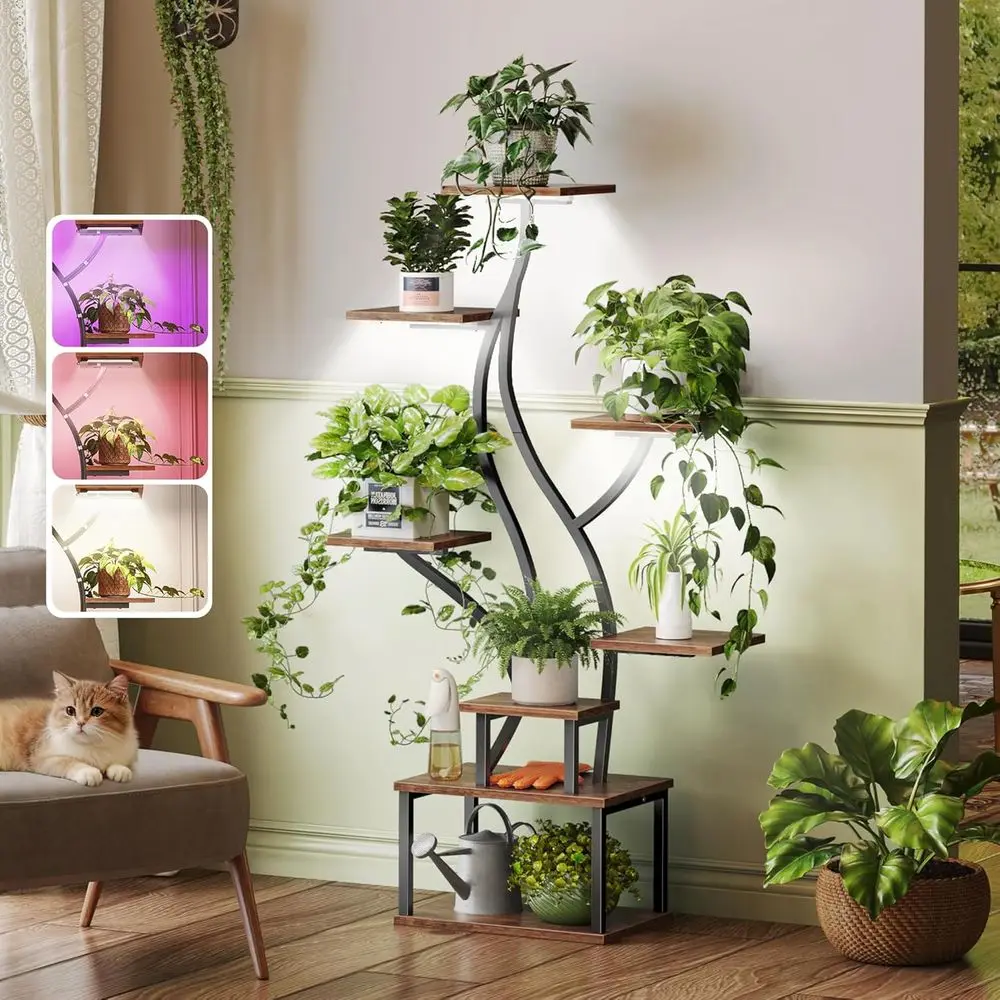 

6-Tier Indoor Plant Stand with Grow Light, Rustic Brown, Pine-Shaped, Open Base for Living Room