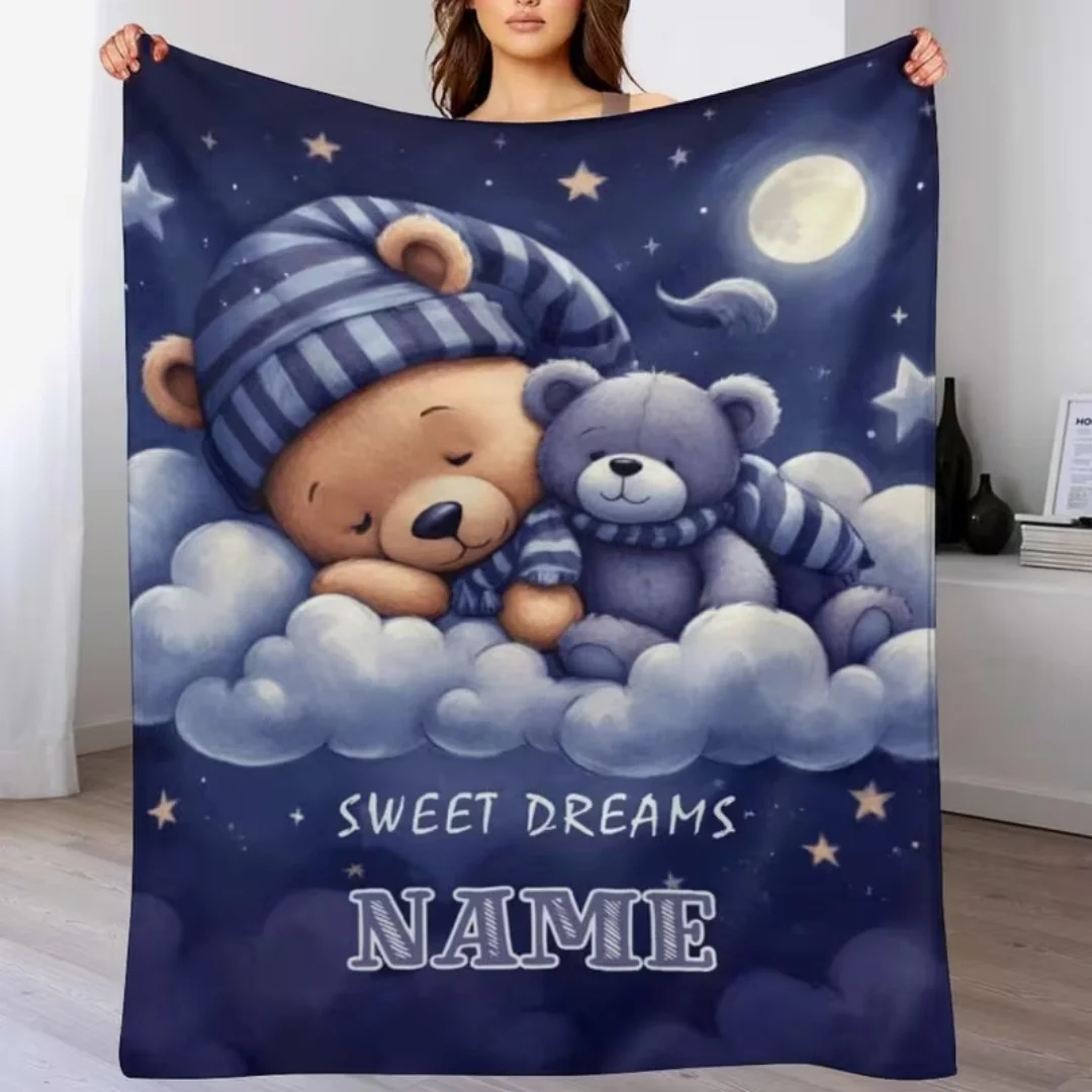 Custom Name Goodnight Bear Flannel Blanket, Soft Light Warm Throw for Sofa Bed Outdoor