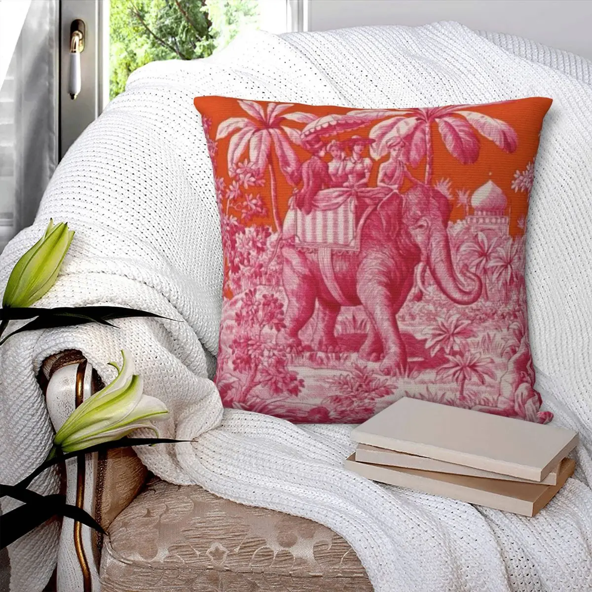 Toile De Jouy - Pink And Orange Square Pillowcase Pillow Cover Polyester Cushion Decor Comfort Throw Pillow for Home Bedroom