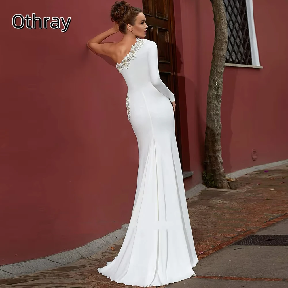 Othray Satin One Shoulder Appliques Long Sleeves Mermaid Wedding Dress Sweep Train Vestido De Robe De Mariage