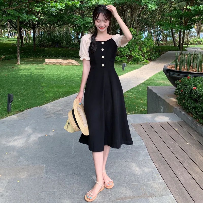 

Summer Women's Square Neck Bubble Sleeve Small Black Dress French Elegant Retro Long Skirt