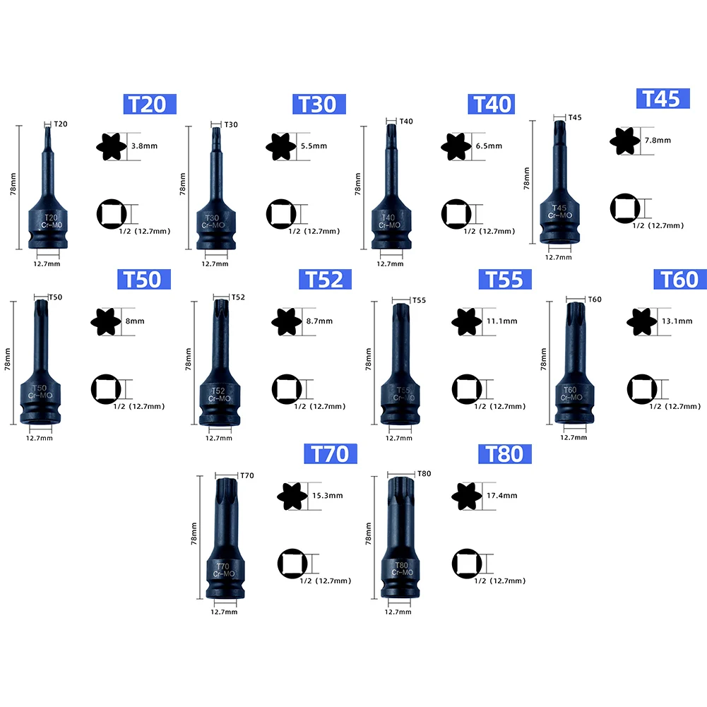 Imagem -02 - Conduza o Impacto Torx Star Bit Soquete Sets Bocados de Soquete Ajustados T20-t80 T20 T30 T40 T45 T50 T52 T55 T60 T70 T80 Polegada Peças 10