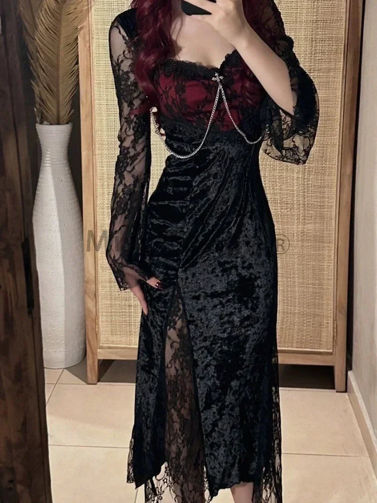 Winter Gothic Grunge Y2k Lace Dress Women Dark Academia Sexy Slim Party Dresses Korean Fashion Design Festival Long Prom Dress