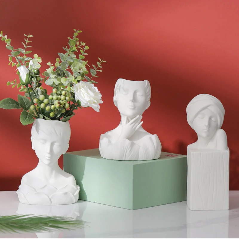 Nordic Ceramic Artistic Human Face Styling Vase, Creative Home, Living Room, Bedroom, Table Decor, White Flower Ware, 1Pc