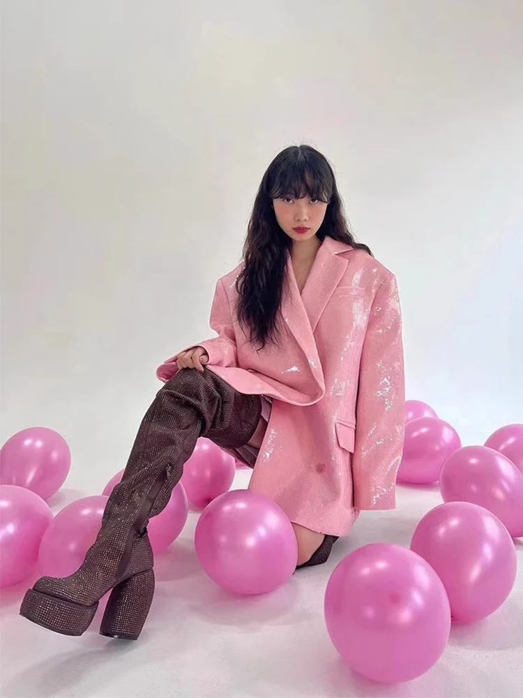 

Shiny Pink Sequin Suit Jacket Heavy Industry Birthday Party Year Conference Evening Gown Polyester Commute Style Long Sleeve