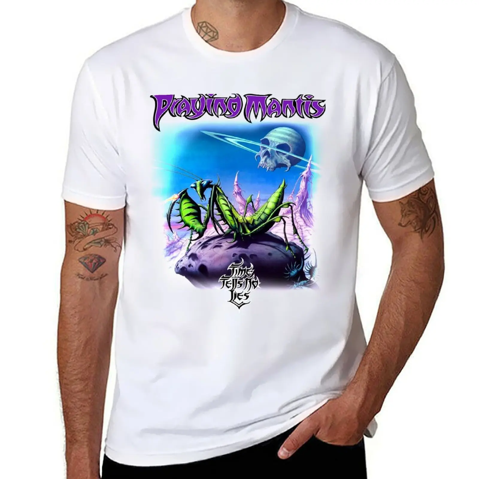 

Tells Time Heavy Lies NWOBHM Mantis Metal Classic - Old No School UK Praying T-Shirt Utility Work Short Sleeve Top