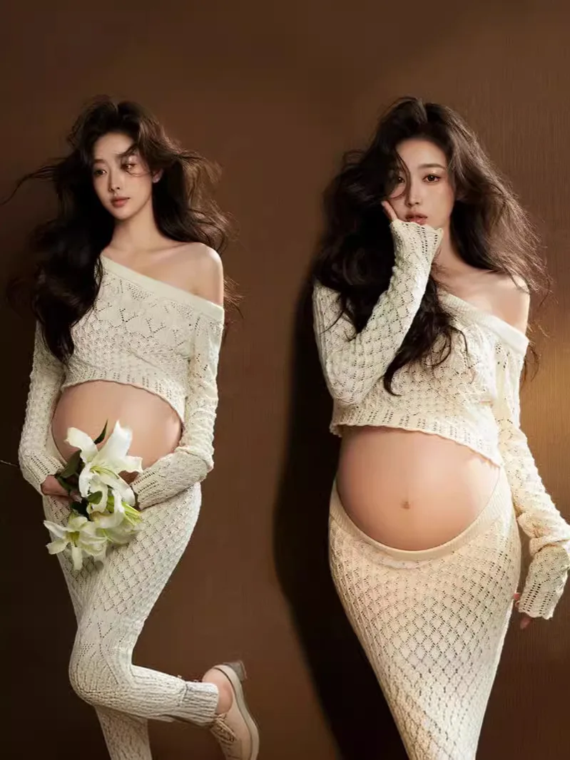 Maternity Photography Props Dress Sexy Hollow Lace Two Piece Set Split Dress Boho Pregnant Dress Baby Shower Dress ﻿