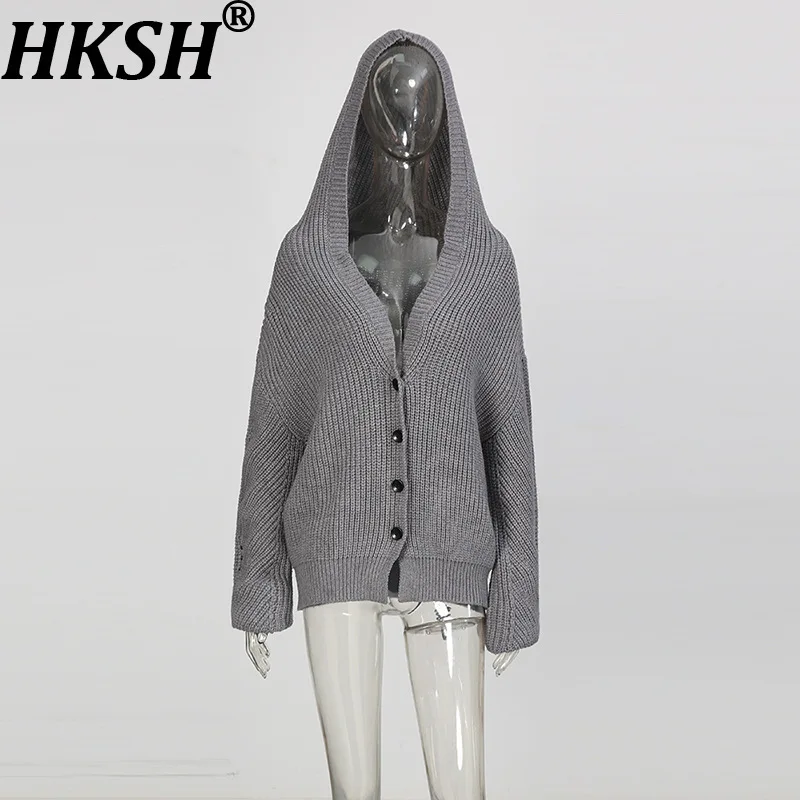 

HKSH осень-зима новый женский свитер с капюшоном однобортный вязаный кардиган однотонный с длинными рукавами универсальное пальто Ins HK16280