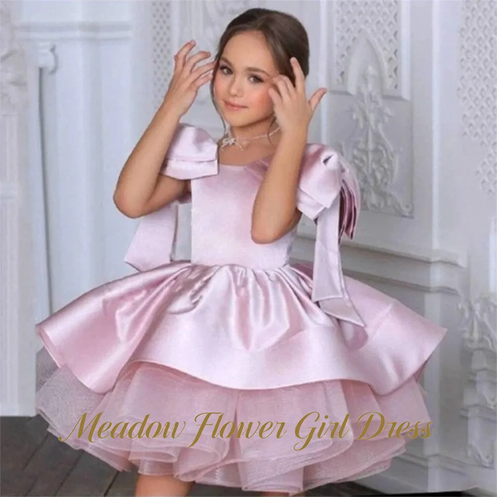 Платье для девочки Meadow Blush Pink: праздничное, с квадратным вырезом, двухслойное, с эффектным бантом, для первого причастия