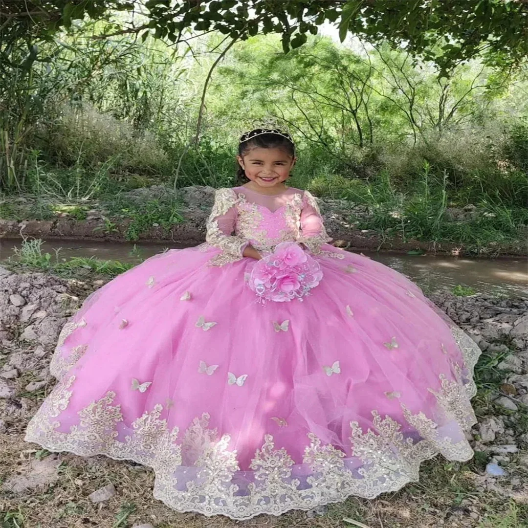 

Customized Wedding Tulle Gold Appliques Full Sleeves Pink Flower Girl Dress For Princess First Communion Formal Occasion Gown