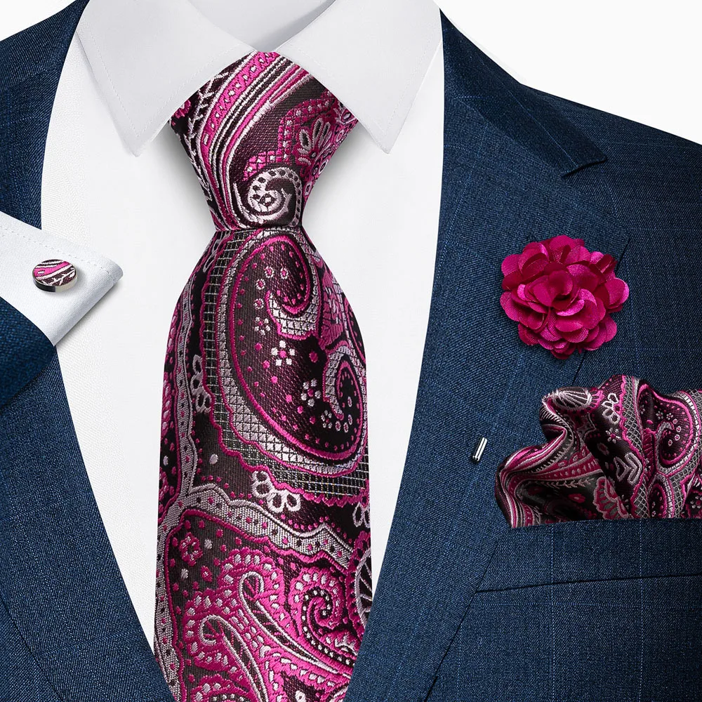 رائجة البيع ماركة الموضة 8 سنتيمتر التعادل جيب المربعات بروش مجموعة ربطة العنق الأرجواني مخطط للرجال البدلة اكسسوارات صالح حفلة رسمية