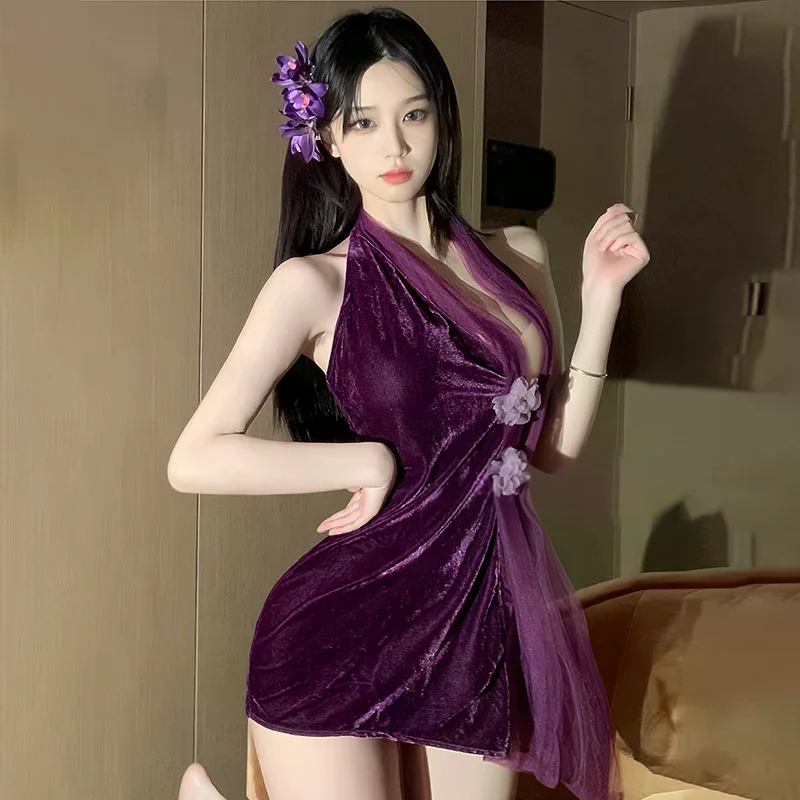 

Sexy Lingerie Purple Velvet Slit Cheongsam Pure Desire Uniform Women Pajamas Set