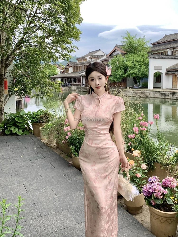 

2025 chinese improved fashion style stand collar short sleeve jacquard qipao dress embroidered printed slimming long cheongsam