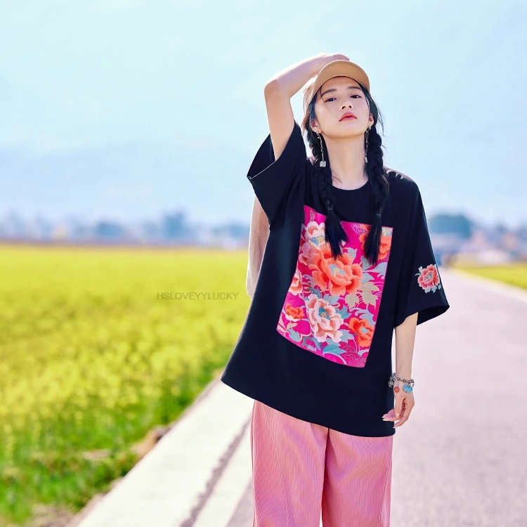 

Summer Original Ethnic Style Embroidered t-shirt women's Chinese Loose Short Sleeve Top Chinese Women Vintage Daily T Shirt