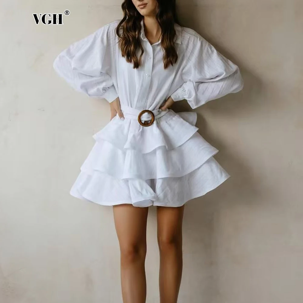 

VGH French Office White Mini Dress for Women Lapel Batwing Sleeve High Waist Spliced Sashes Temperament Dresses Female Fashion