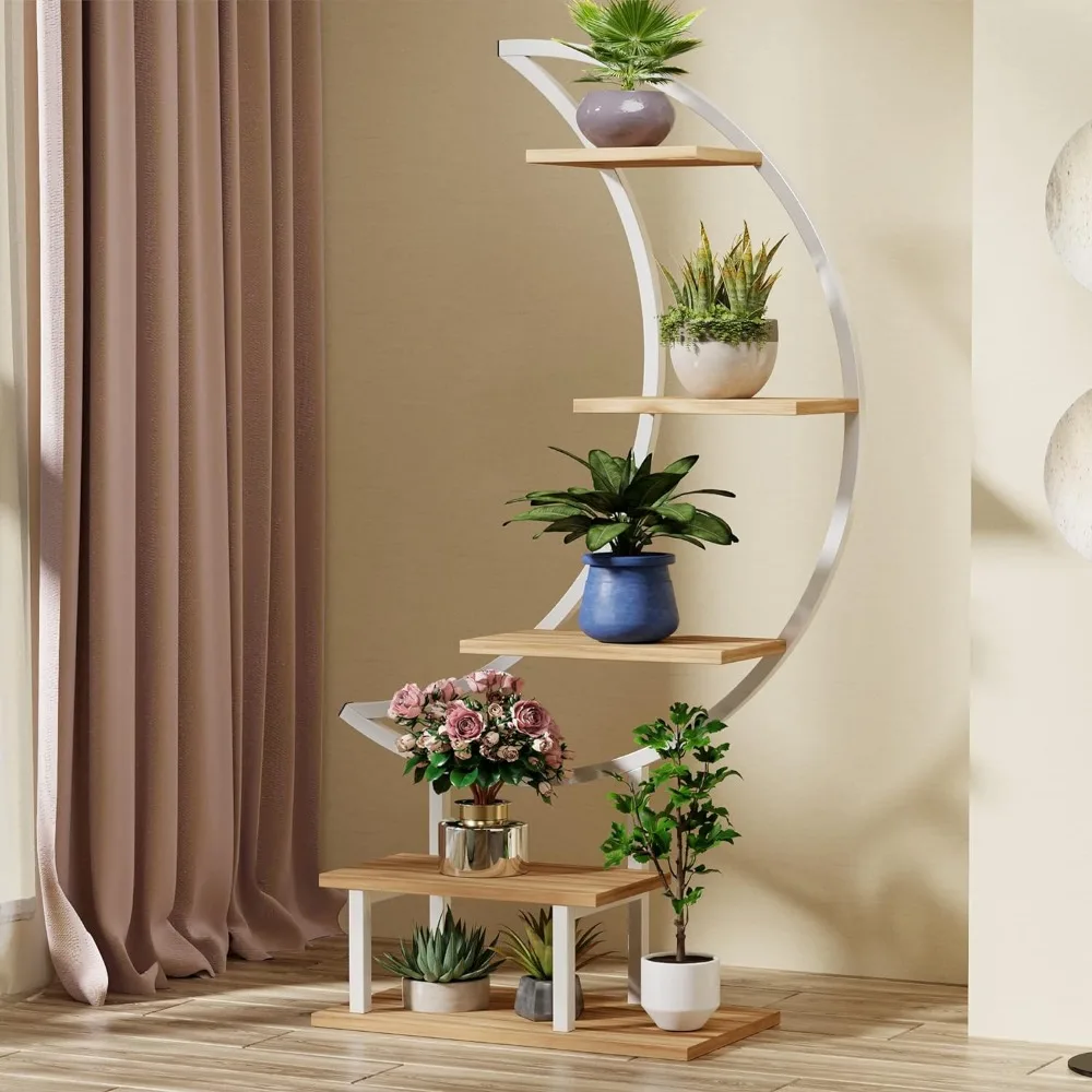

Plant Stand Indoor, 5 Tier Plant Stands for Indoor Plants Multiple, Moon-Shape Metal Plant Shelf with Hanging Hook, Plants Shelf