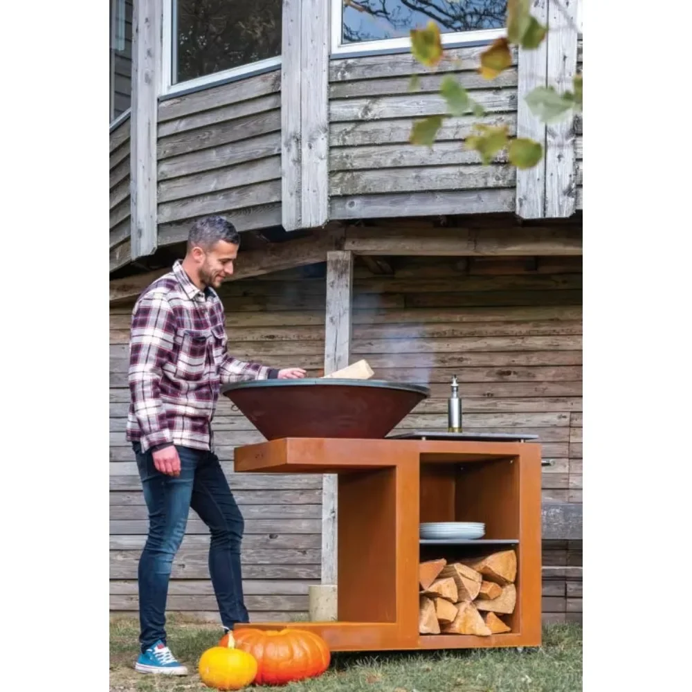 Multi functional backyard firewood rusted steel outdoor with barbecue grill