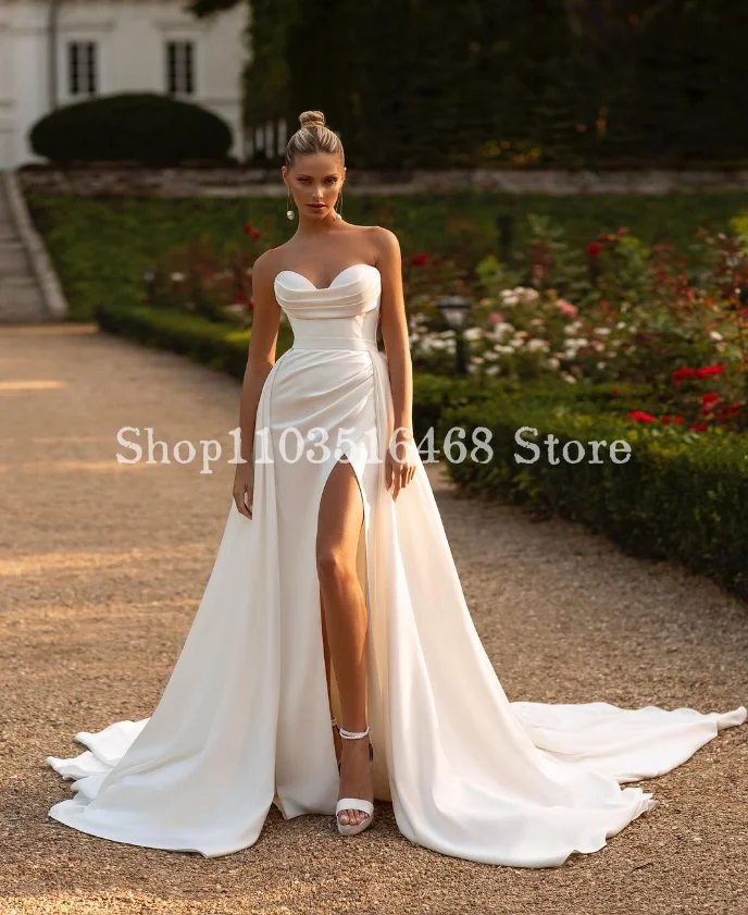 Elegant Sheath Mermaid Wedding Dress 2024 Luxury White Satin Split Customised Long Bridal Gown Vestidos De Noche