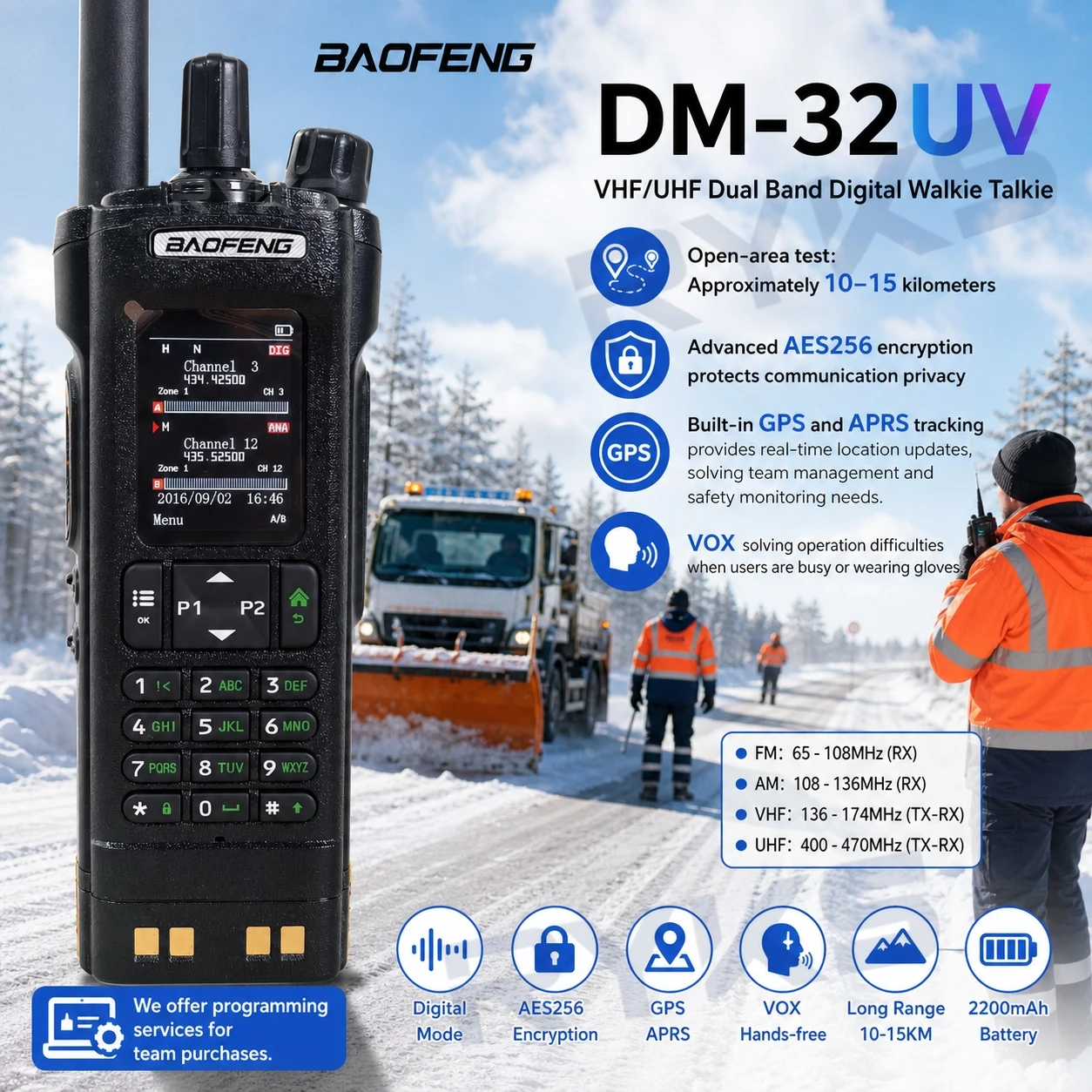 BAOFENG DM-32UV DMR Radio GPS APRS 8W Dual Band VHF UHF Digital Analog Walkie Talkie Single Group Call Team Communication