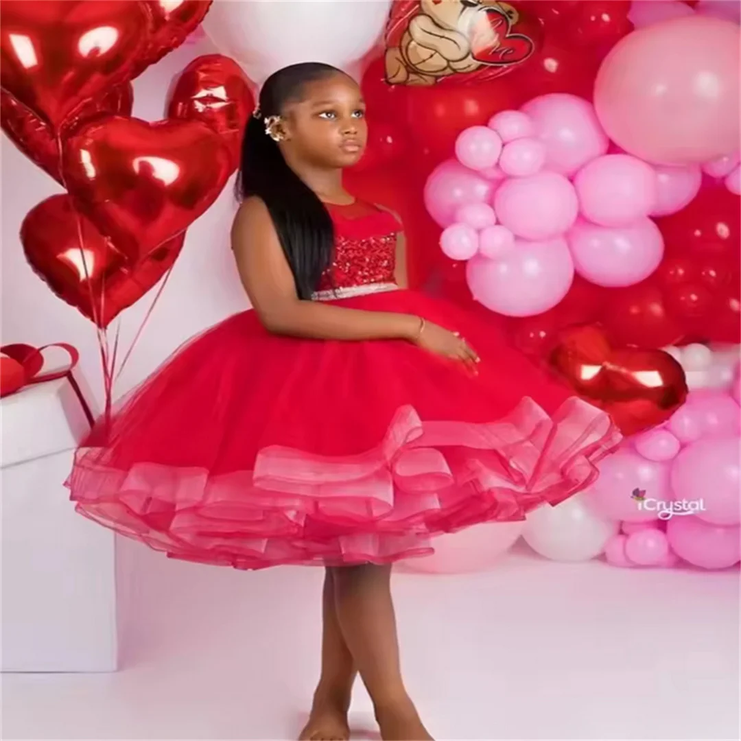 

Красные платья с цветочным узором для девочек на свадьбу, с блестками, без рукавов, милые платья для дня рождения для маленьких девочек, платье для первого причастия по индивидуальному заказу