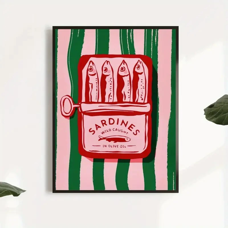 Vintage dibujos animados aceite de oliva sardinas arte de pared impresiones lienzo pintura póster imagen para sala de estar decoración del hogar