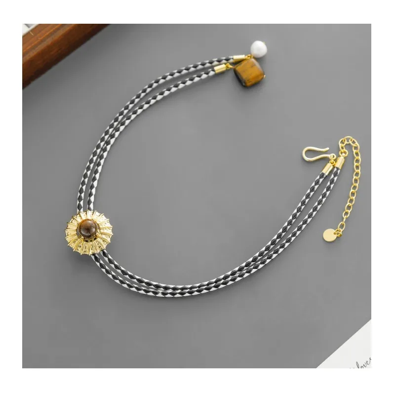 

Sun Woven Necklace Exotic Wind Simple Adjustable Three-dimensional Sun Tiger's Eye Stone Freshwater Pearl Collarbone Chain