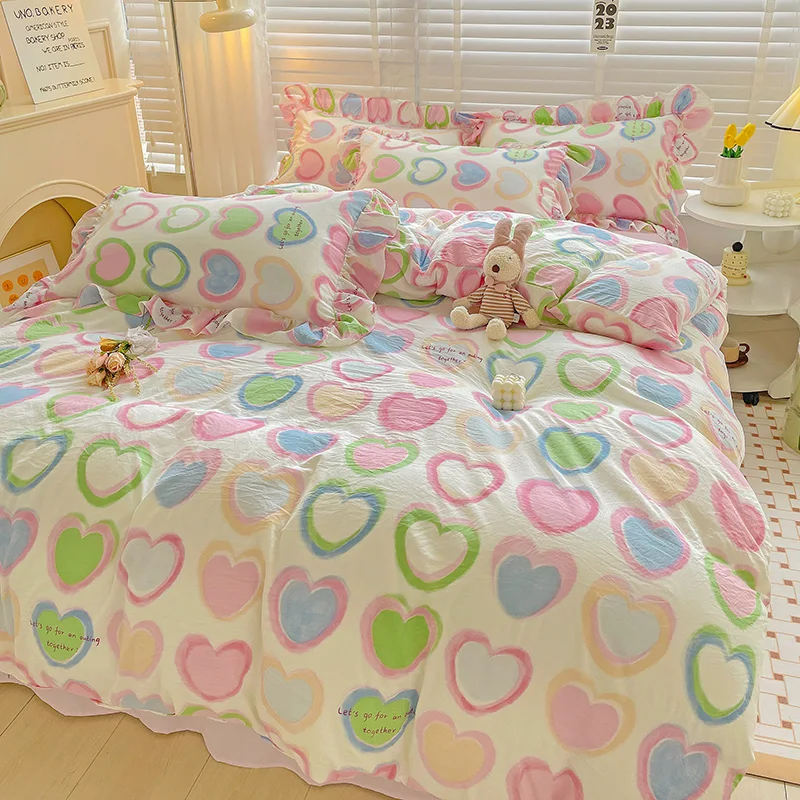 INS Pink Bedding Set Princess Love Heart Duvet Cover with Flat Sheet Ruffled Edge Pillowcase Soft Home Textiles Girls Bedclothes