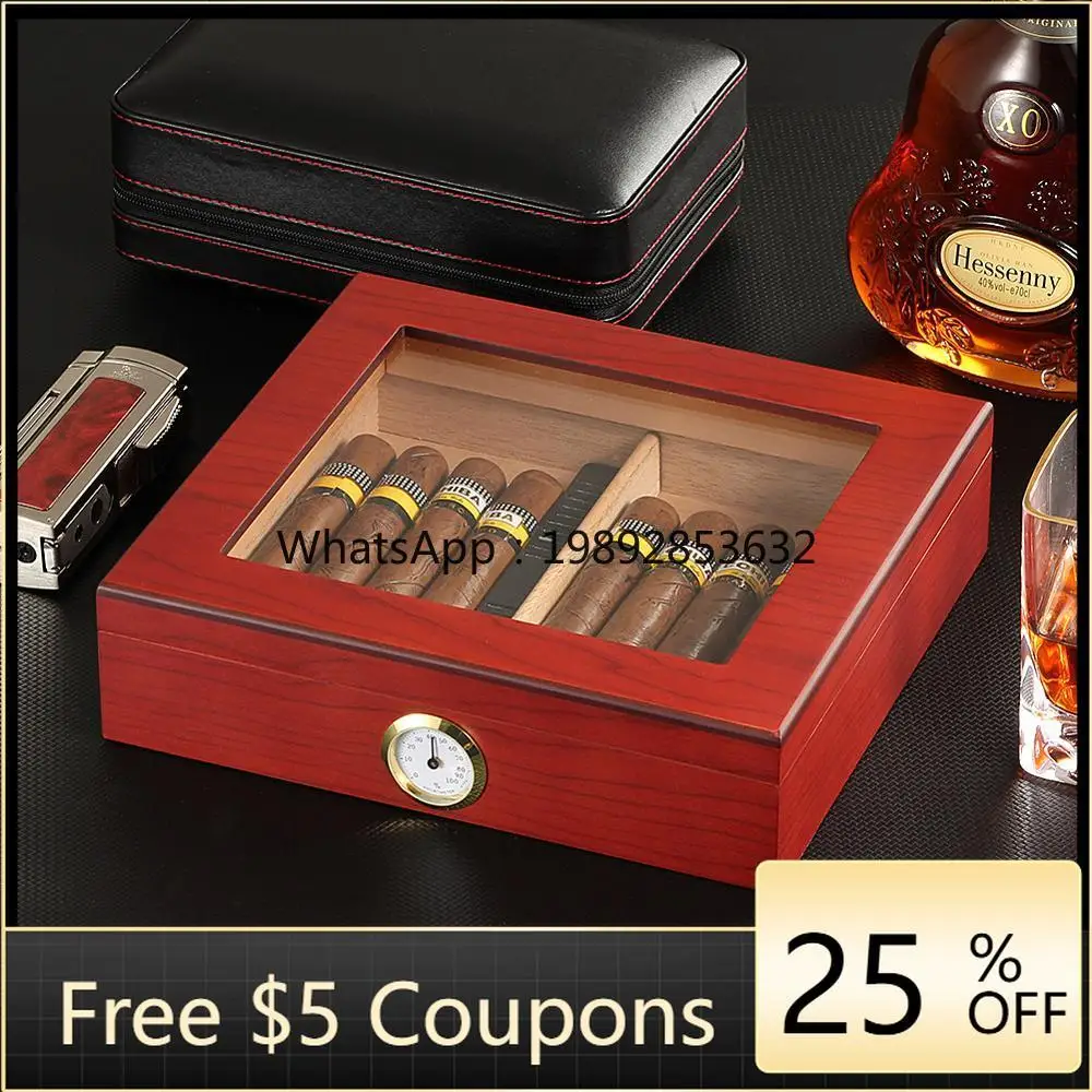 

Cedar Wood Travel Cigar Humidor Box With Humidifier Hygrometer Humidor Cigar Box Case Glass Humidors Fit 20-30 Cigars