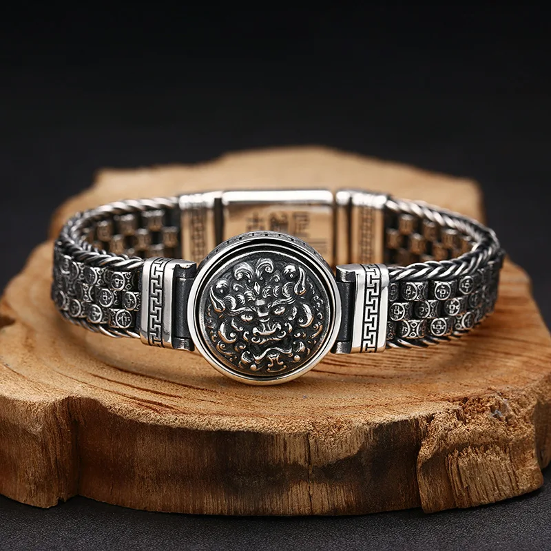 925 sterling silver hand weaving bracelet Vintage Vintage thick type for men Thai silver trendy ornament