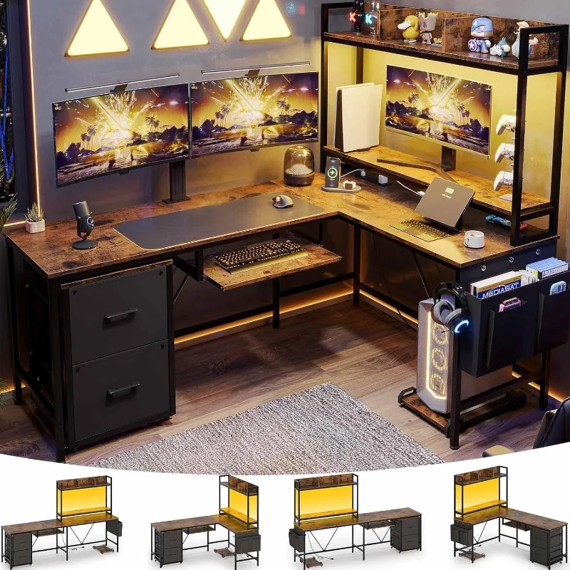 

L Shaped Gaming Desk, Reversible Corner Computer Desk with Power Outlet & Led Strip Home Office Desks Drawer File Cabinet