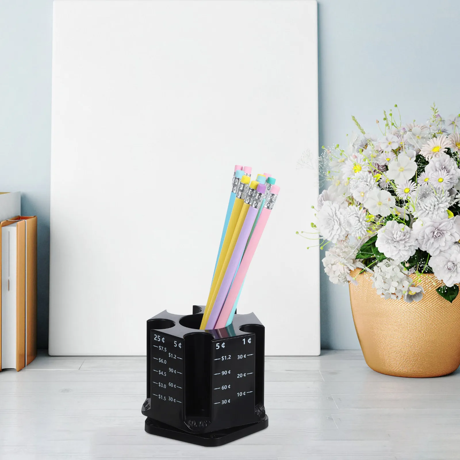 

Органайзер для монет с держателем для ручек, вращающийся органайзер для канцелярских принадлежностей, многофункциональный настольный контейнер для хранения монет, ручек, кистей для макияжа