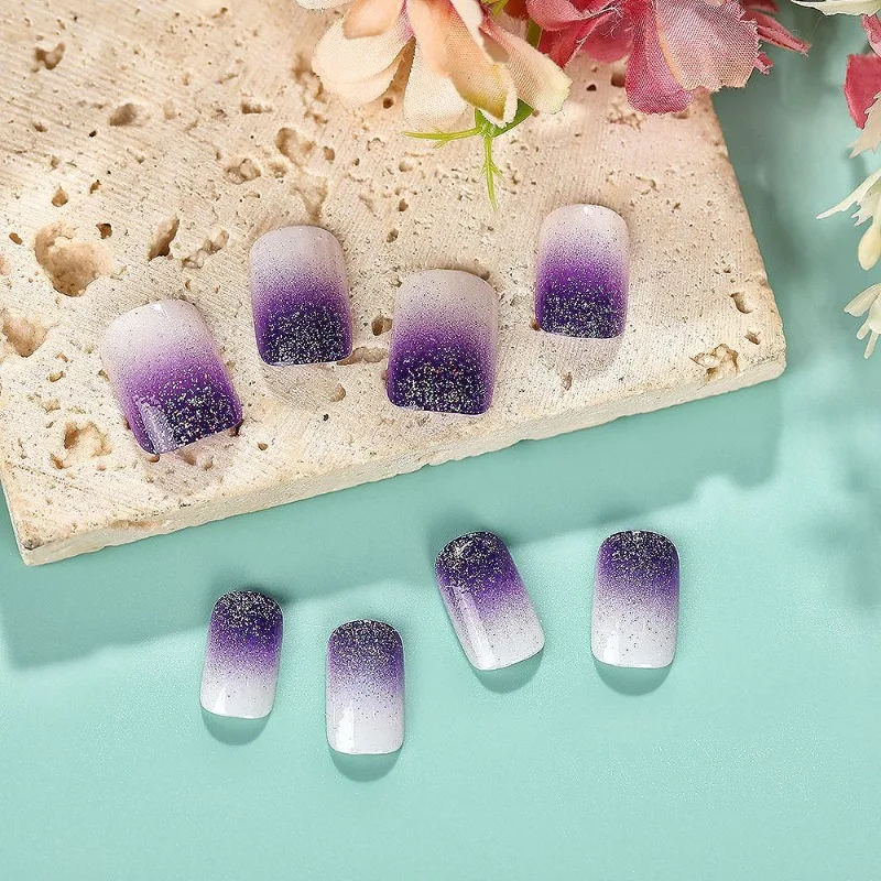 24 pçs adesivo unhas falsas conjunto com cola roxo gradiente unhas dicas encantos prego falso manicure conjunto imprensa em unhas 2024