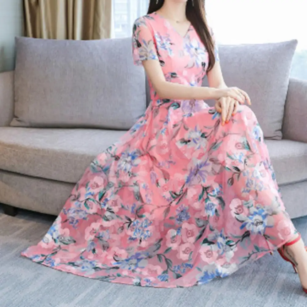 2023 New chiffon print dress summer V-neck long women\'s fashion round collar slim Korean version female large size beach skirt