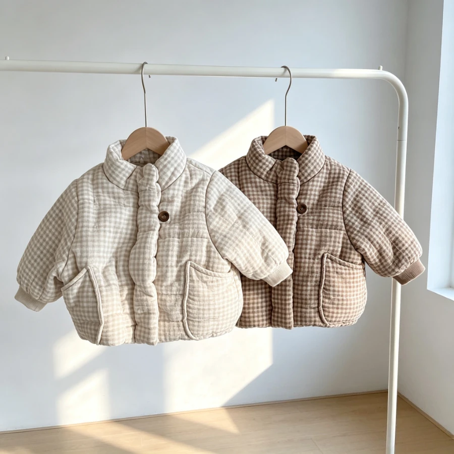 Toddler Boy Winter Fleece Jacket - سترة مبطنة بنقشة المربعات للأطفال، مبطنة