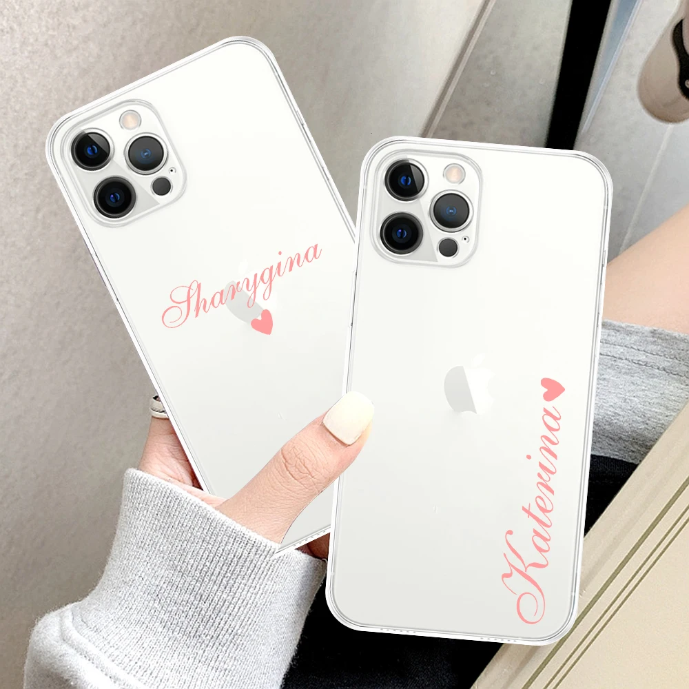 para iPhone 13 12 11 7 8 Plus X XS XR caso personalizado nome personalizado com coração transparente TPU capa macia para iPhone 11