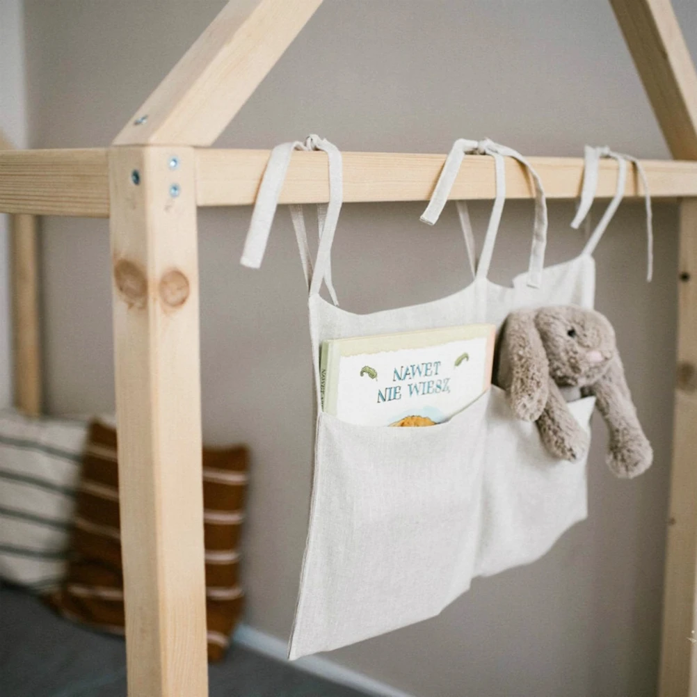 

Double Pocket Baby Crib Organizer Nursery Crib Pouch Linen Bedside Hanging Storage Bag for Kindergarten Baby Room(Beige)