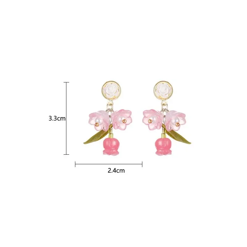 Sweet Pink Lily of Valley Flower Clip on Earrings Green Leaves Cute Resin Tulip Flower Non Pierced Ears Clip for Women Party