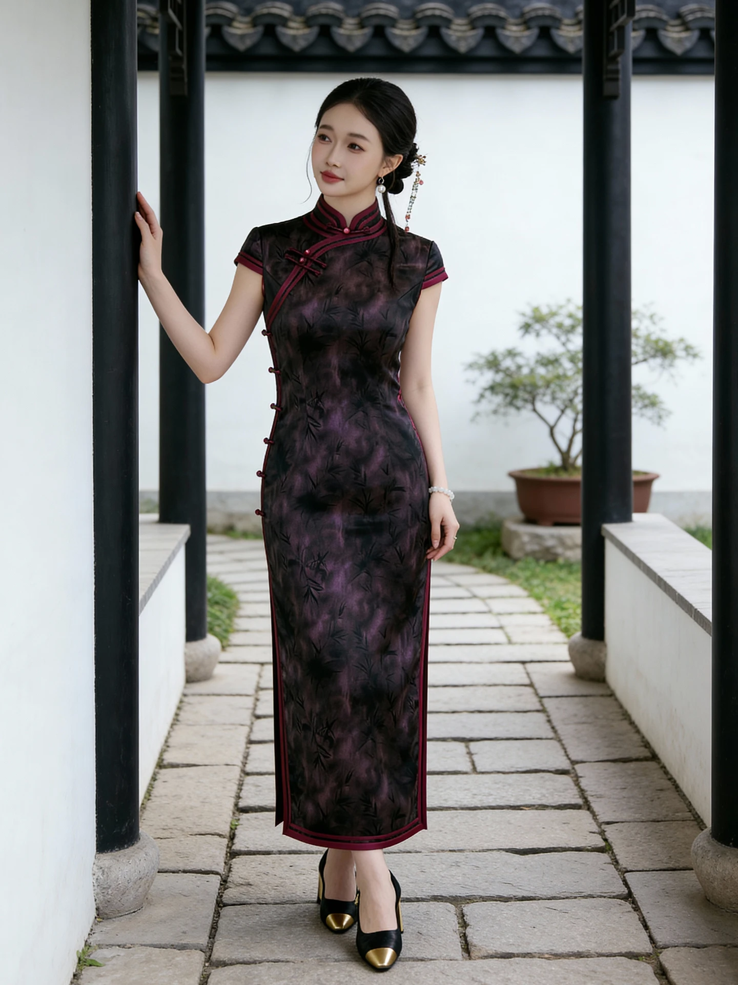 

Ele Purple Vintage ort Sve Long Qipao Slimming Daily Wear lectual Sle Chinese New Version Mother's Dr
