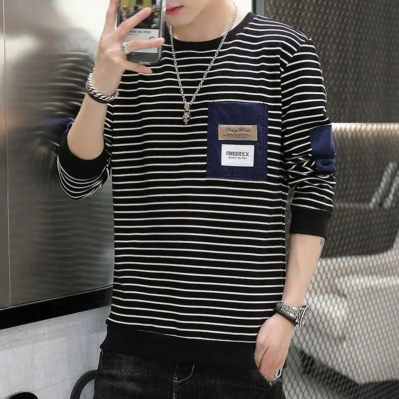 

Весенне-осенняя мужская толстовка с круглым вырезом и длинными рукавами, повседневная полосатая верхняя одежда, корейская модная куртка, удобный топ Haome