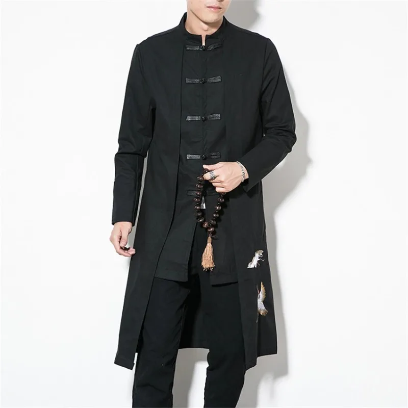 

Chinese Clothing for Men Chinese Style Tops Coat Linen Embroidery Crane Casual Long Gown New Year Clothes Traditional